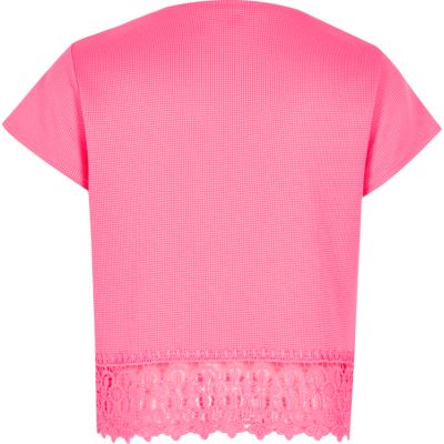 Girls bright pink lace hem t-shirt